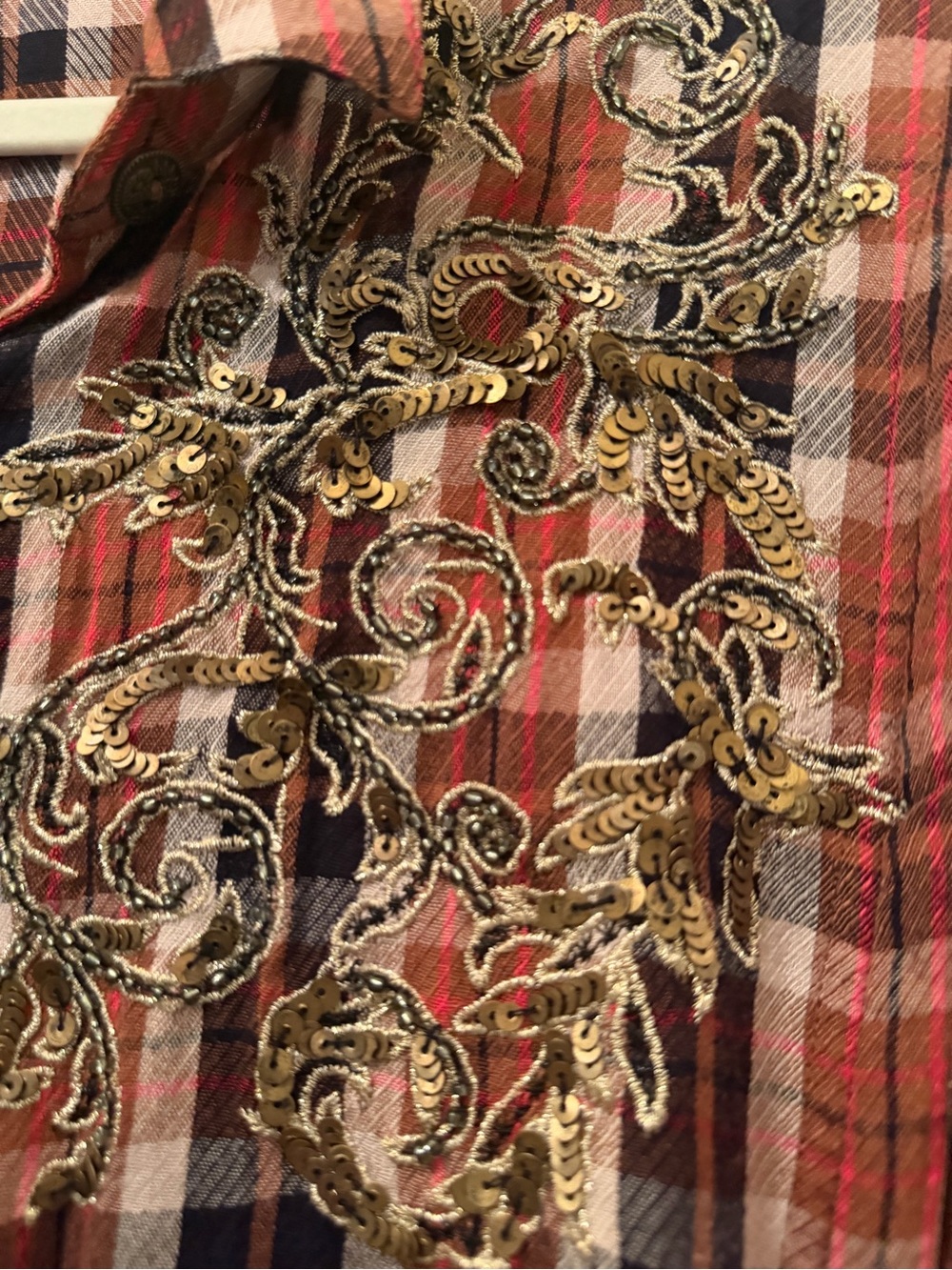 0145. Free People Snow Topped Mountains Rust Plaid Embroidered Button-Down Shirt - Picture 8 of 13